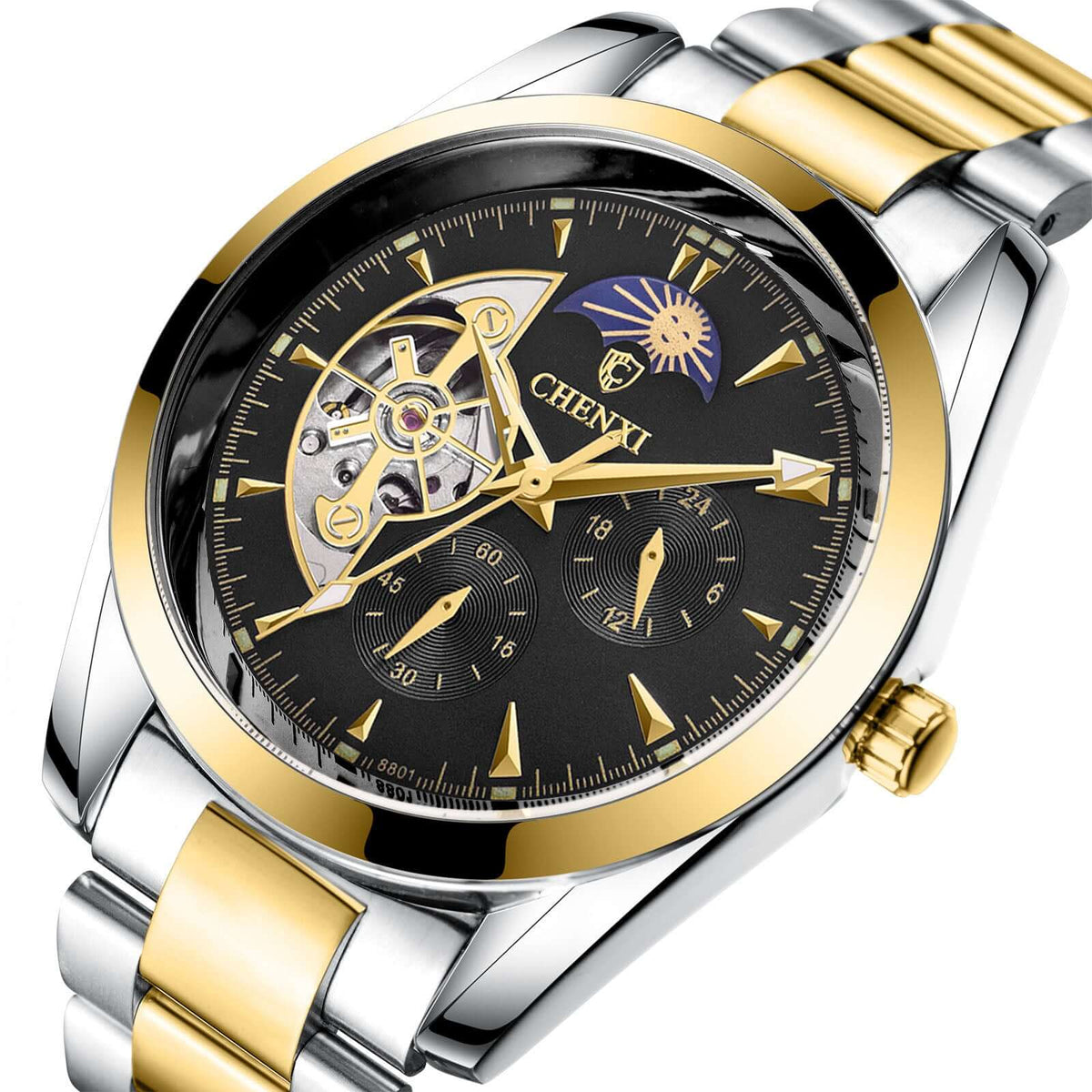 Men's business mechanical watch featuring luminous display, moon phase, quartz movement, and sleek gold and silver design.