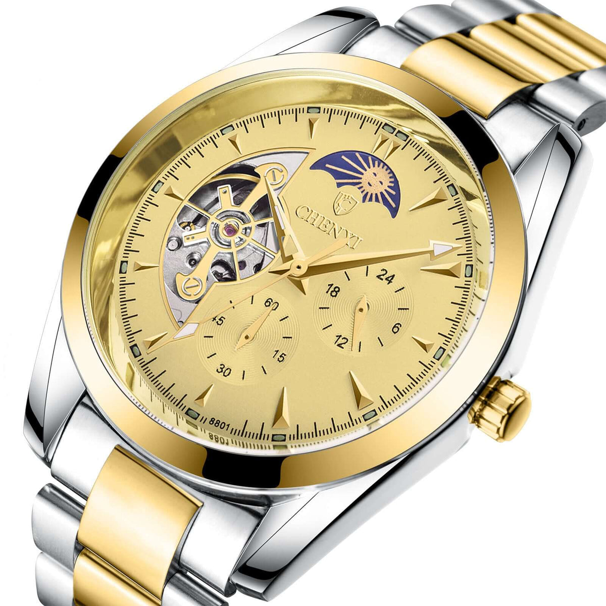 Men's business mechanical watch featuring luminous display and moon phase indication