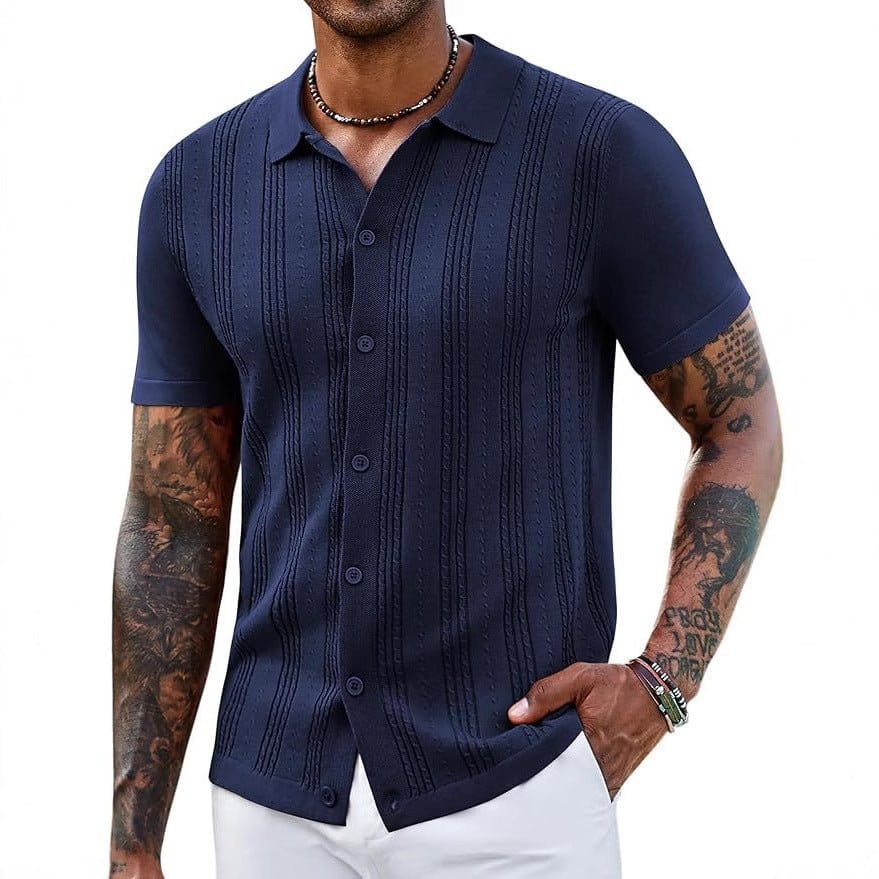 Fashionable striped knitted sweater for men in navy blue with a stylish design.