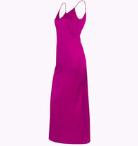 V-neck harness dress in bright purple satin with a mid-length A skirt and high waist design.