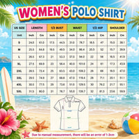 Size chart for women's polo shirt with dimensions for various sizes on a beach background.