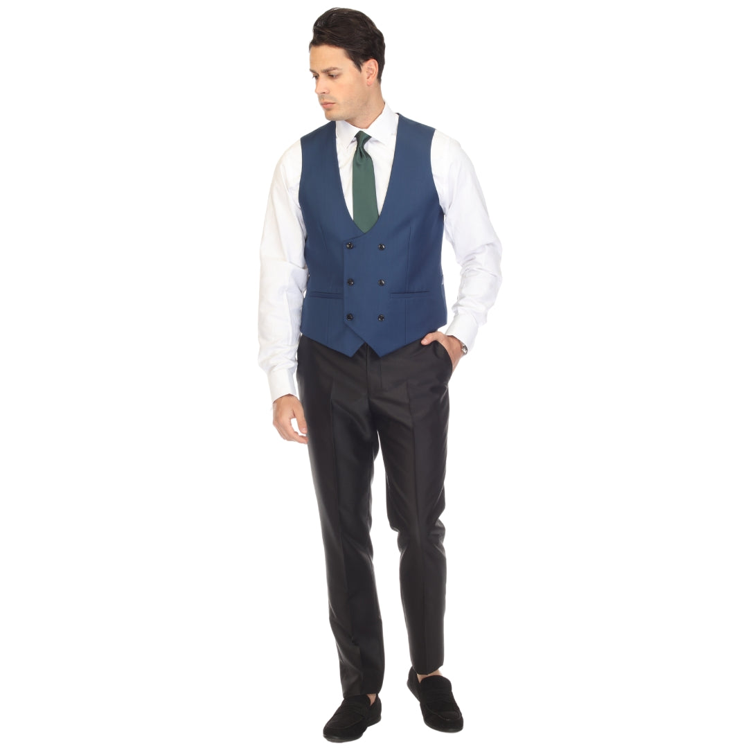 Indigo double breasted vest set worn with dress shirt – view 5
