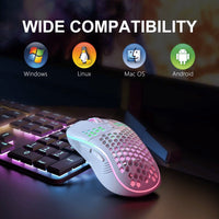 Wireless gaming mouse showcasing wide compatibility with Windows, Linux, Mac OS, and Android next to a keyboard.
