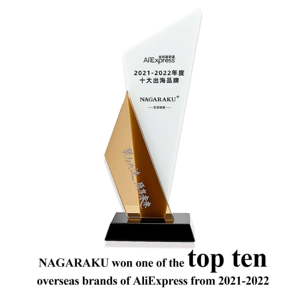 NAGARAKU award for top ten overseas brands of AliExpress from 2021-2022 displayed on a trophy.