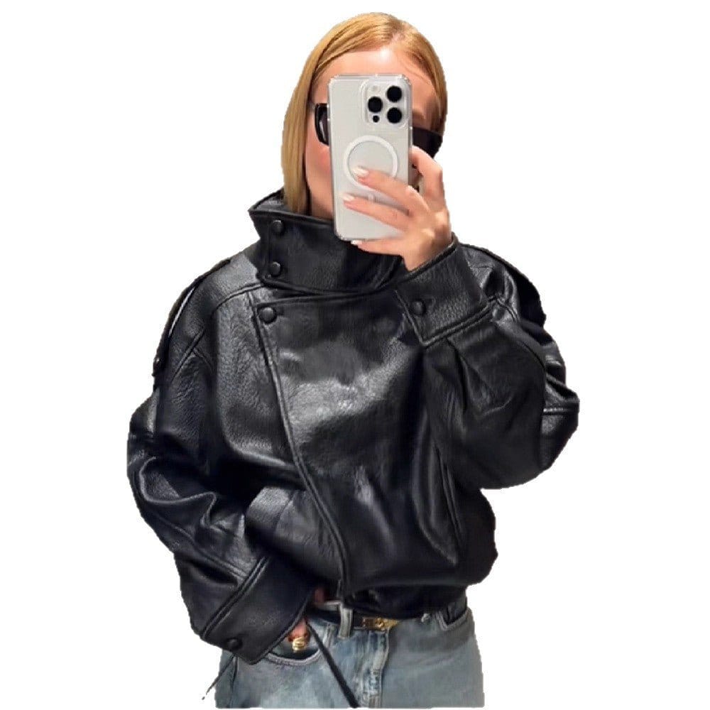 Women's Retro Biker PU Leather Jacket – Stand Collar | Silver Fox Sales