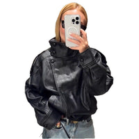 Women's Retro Biker PU Leather Jacket – Stand Collar | Silver Fox Sales