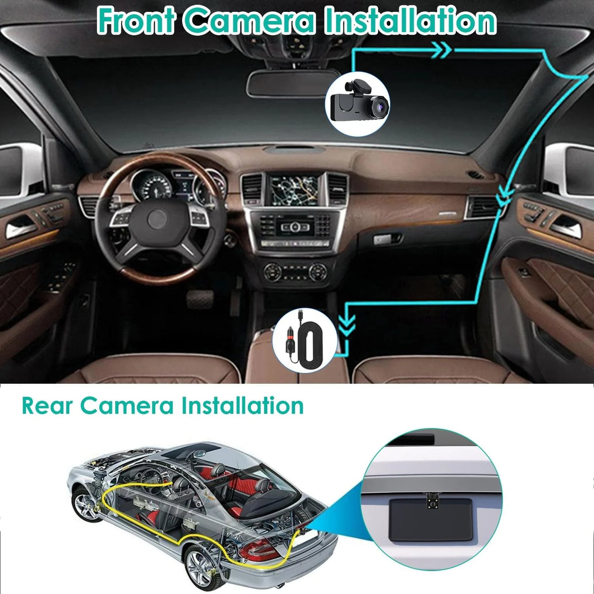 3-Channel Dash Cam with Front, Interior & Rear Cameras, 32GB Card