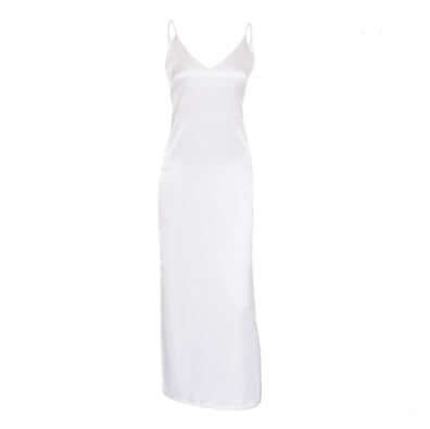 V-neck harness dress in white satin fabric, featuring a mid-length A-line silhouette and high waist design.