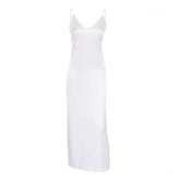 V-neck harness dress in white satin fabric, featuring a mid-length A-line silhouette and high waist design.