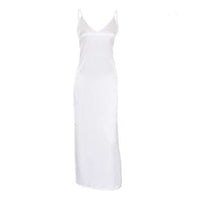 V-neck harness dress in white satin fabric, featuring a mid-length A-line silhouette and high waist design.