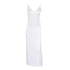 V-neck harness dress in white satin fabric, featuring a mid-length A-line silhouette and high waist design.