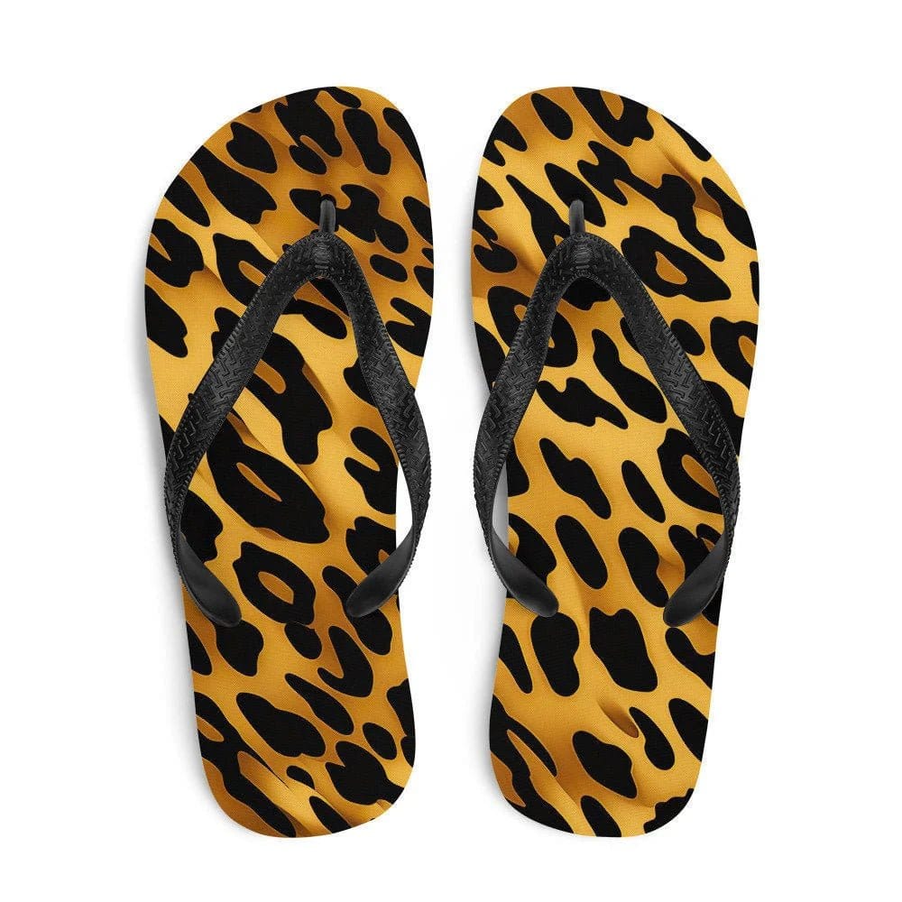 Emerald leopard print flip flops with stylish black straps, perfect for summer adventures.