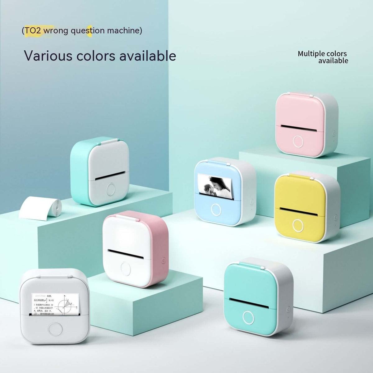 Portable mini label printer in various colors displayed on blocks, showcasing its compact design and Bluetooth compatibility.