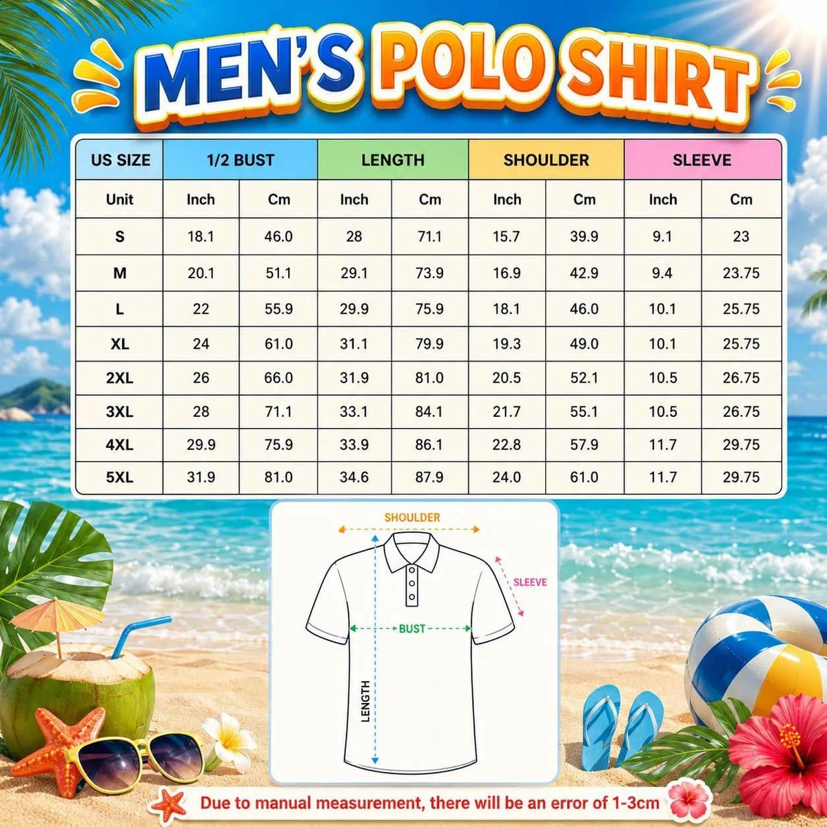Men's polo shirt size chart showing measurements for various sizes including S, M, L, XL, 2XL, 3XL, 4XL, 5XL.