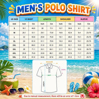 Men's polo shirt size chart showing measurements for various sizes including S, M, L, XL, 2XL, 3XL, 4XL, 5XL.