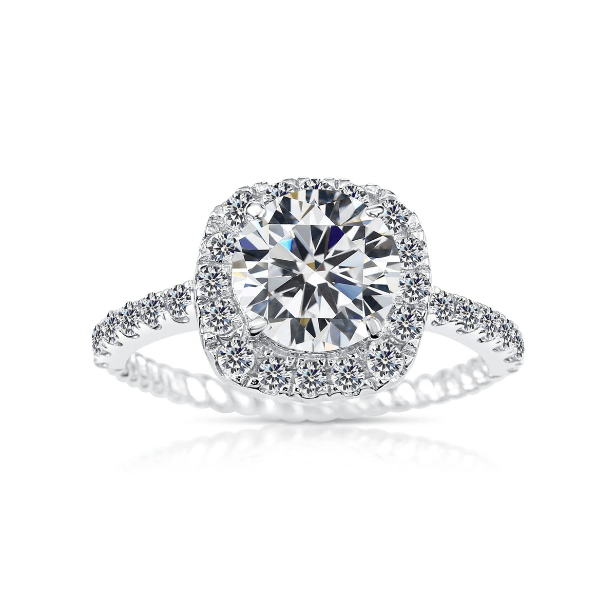 CZ solitaire halo engagement ring in sterling silver with sparkling cubic zirconia stones.
