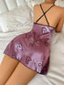 Heart Letter Print Nightdress Casual round Neck Spaghetti Strap Sleep Dress Women&