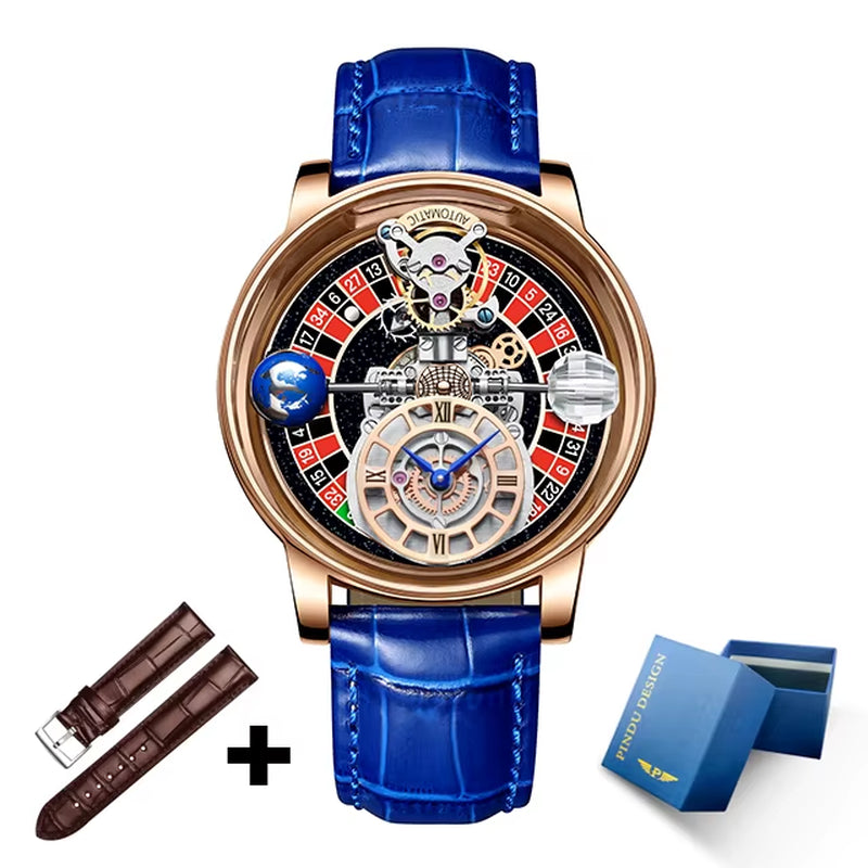 Limited edition quartz watch featuring transparent dial, roulette design, blue leather strap, and extra brown strap.