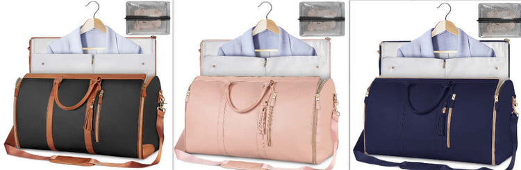 Large capacity travel duffle bag in three colors: black, pink, and navy, showcasing stylish design and ample space for travel.