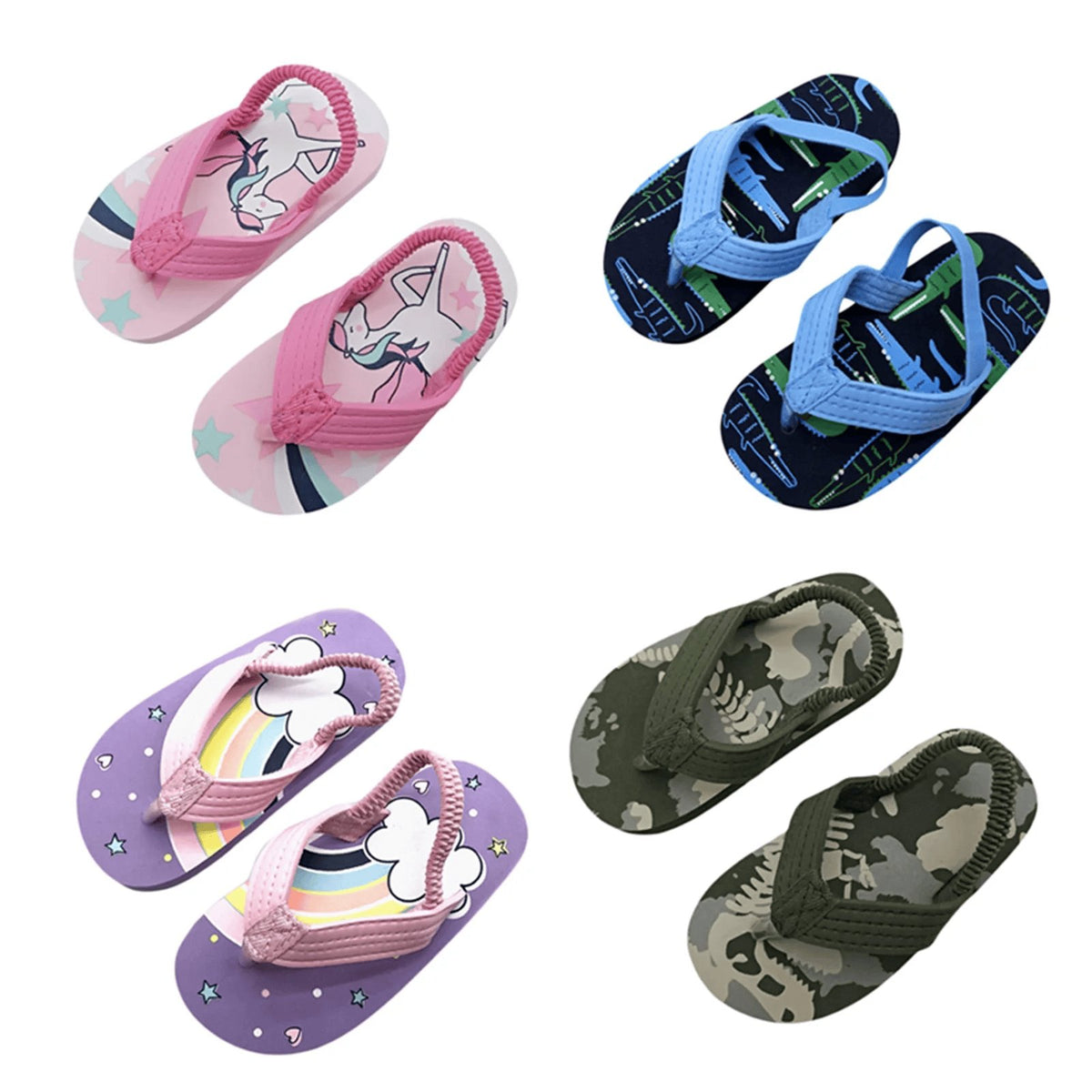 Stylish toddler beach flip flops in pink, blue, rainbow, and camouflage designs for kids' beach and pool fun.