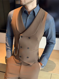 men's double-breasted shawl collar vest in camel color, paired with a blue shirt, showcasing an elegant look.