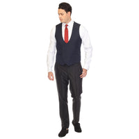 Navy double breasted vest set worn with dress shirt – view 4