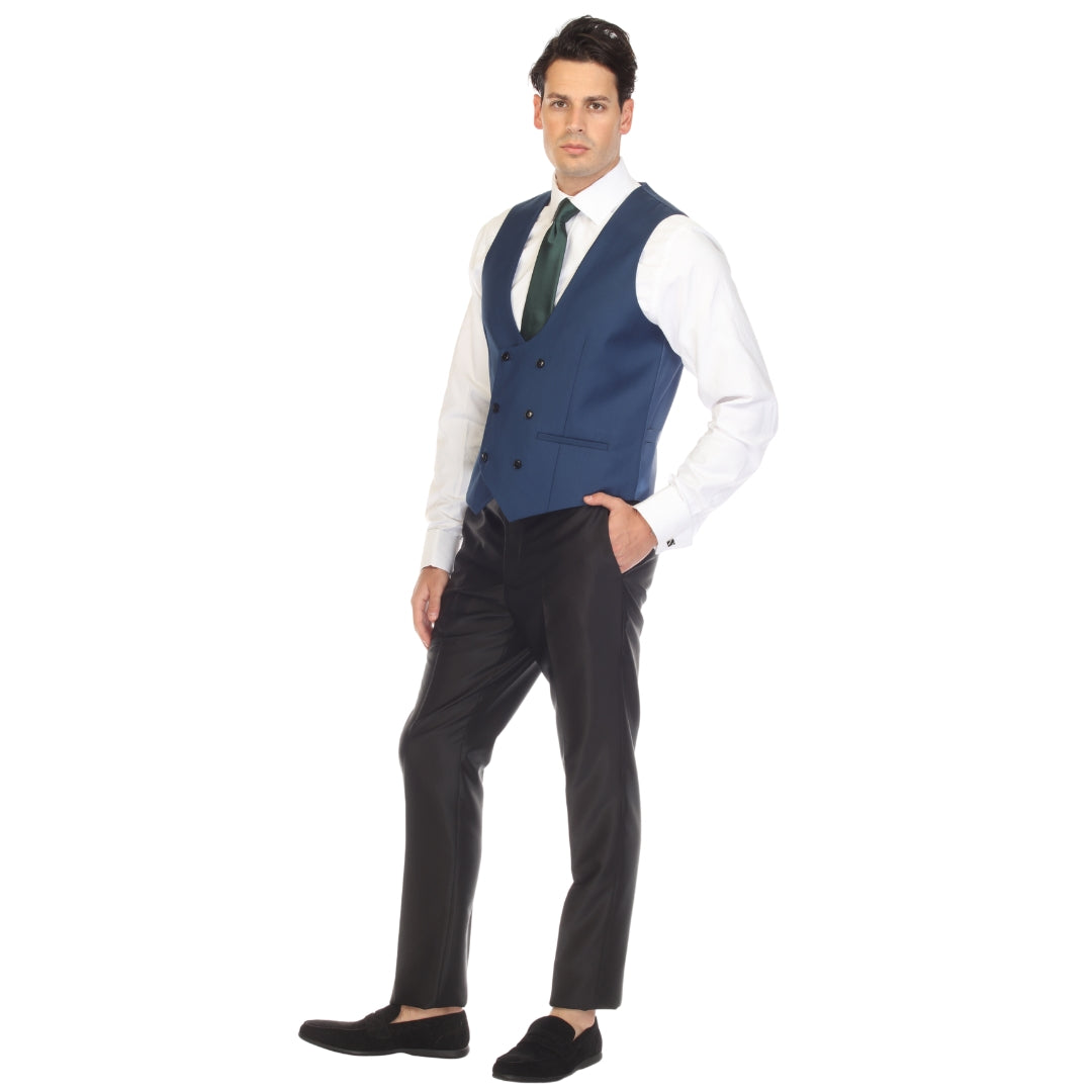 Indigo double breasted vest set worn with dress shirt – view 4