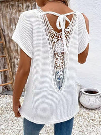 Womens Lace-Panel V-Neck Fashion T-Shirt | Silver Fox Sales