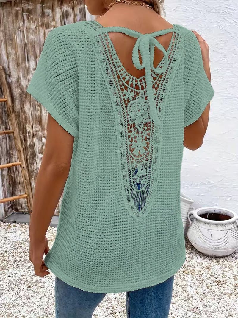 Womens Lace-Panel V-Neck Fashion T-Shirt | Silver Fox Sales