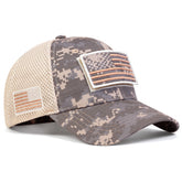 Military sun protection hat with camouflage design and American flag patches, ideal for outdoor sports and sun protection.