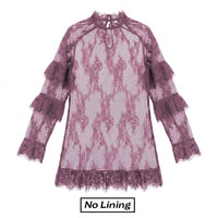 Chicovar Women's Sheer Black Lace Mini Dress - Unlined Long Sleeve Crew Neck Cocktail Dress with Ruffled Hem for Evening Wear and Special Occasions