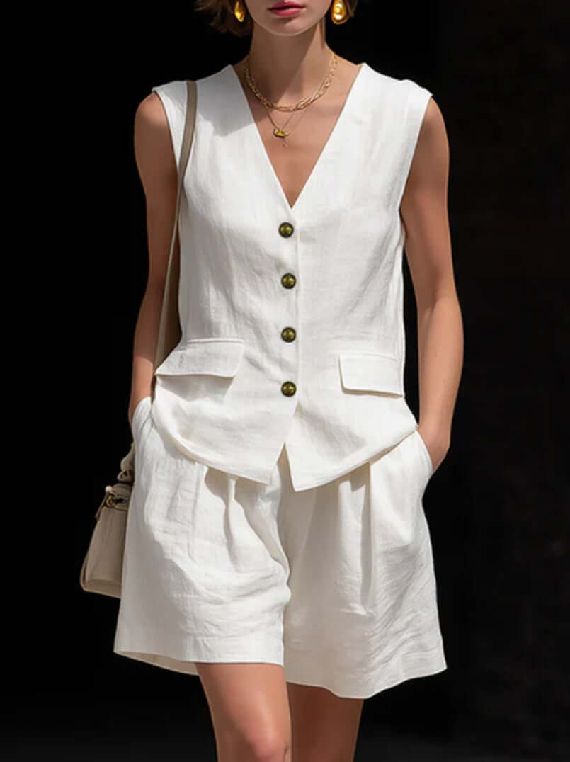 womens cotton-linen summer vest and shorts set in white, casual and stylish two-piece outfit for summer.