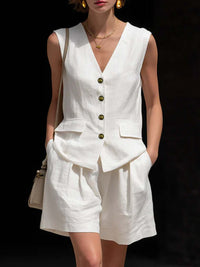 womens cotton-linen summer vest and shorts set in white, casual and stylish two-piece outfit for summer.