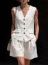 womens cotton-linen summer vest and shorts set in white, casual and stylish two-piece outfit for summer.