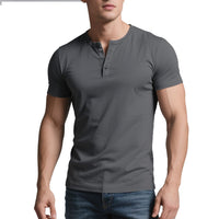 Mens casual crew-neck t-shirt in dark grey, short sleeves, slim fit, ideal for casual wear.