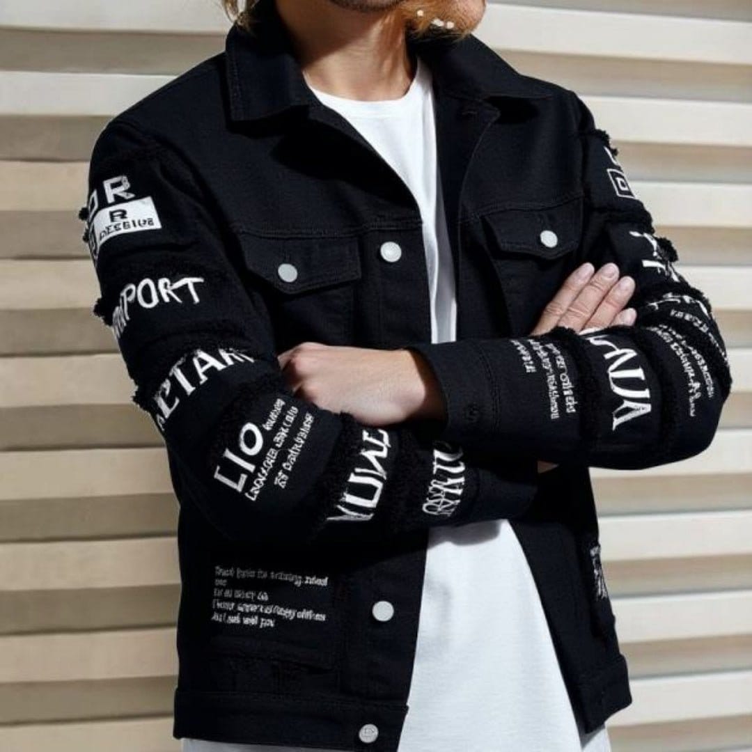 Korean loose-fitting denim jacket featuring graphic designs and a modern fit, perfect for casual styling.