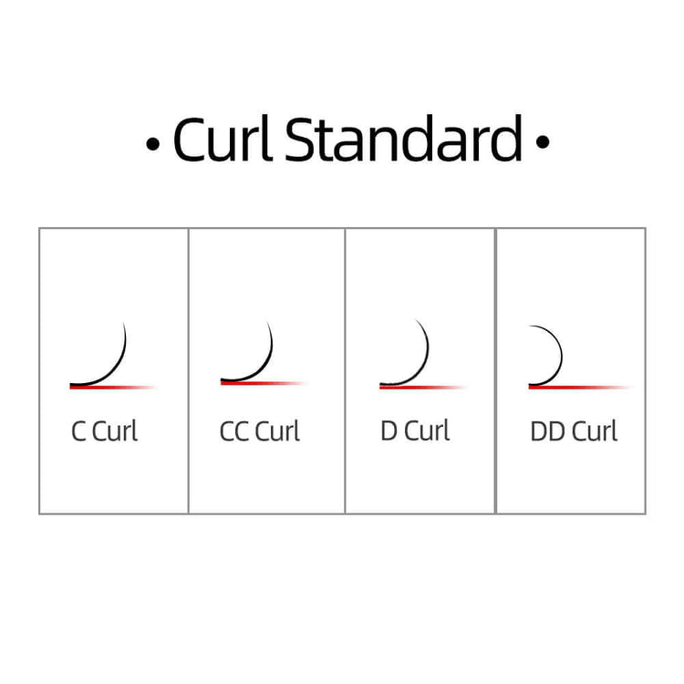Curl standard chart displaying C Curl, CC Curl, D Curl, and DD Curl for individual eyelash extension lashes.
