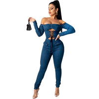 Women's Off-Shoulder Strappy Denim Jumpsuit | Silver Fox Sales
