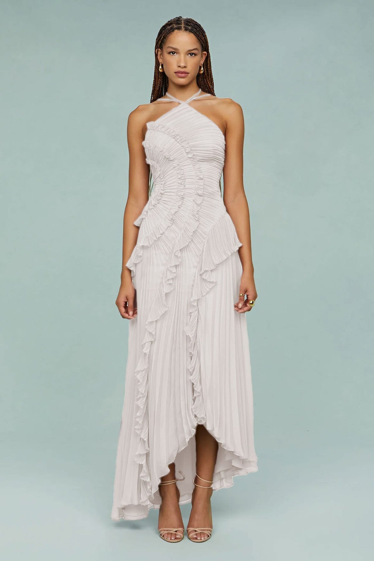 Ruffled Pleated Halterneck Dress Summer Irregular Hem Dresses Party Club Evening Gown Clothing | Silver Fox Sales