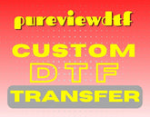 pureviewdtf custom DTF heat transfer designs on a vibrant red background