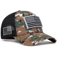 Military sun protection hat with camouflage design and American flag patches, perfect for outdoor activities and sun protection.