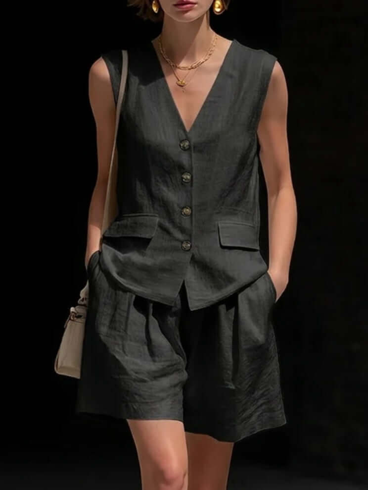 women's cotton-linen summer vest and shorts set in black, casual and trendy outfit for summer.