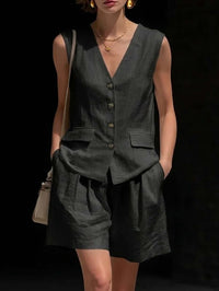 women's cotton-linen summer vest and shorts set in black, casual and trendy outfit for summer.