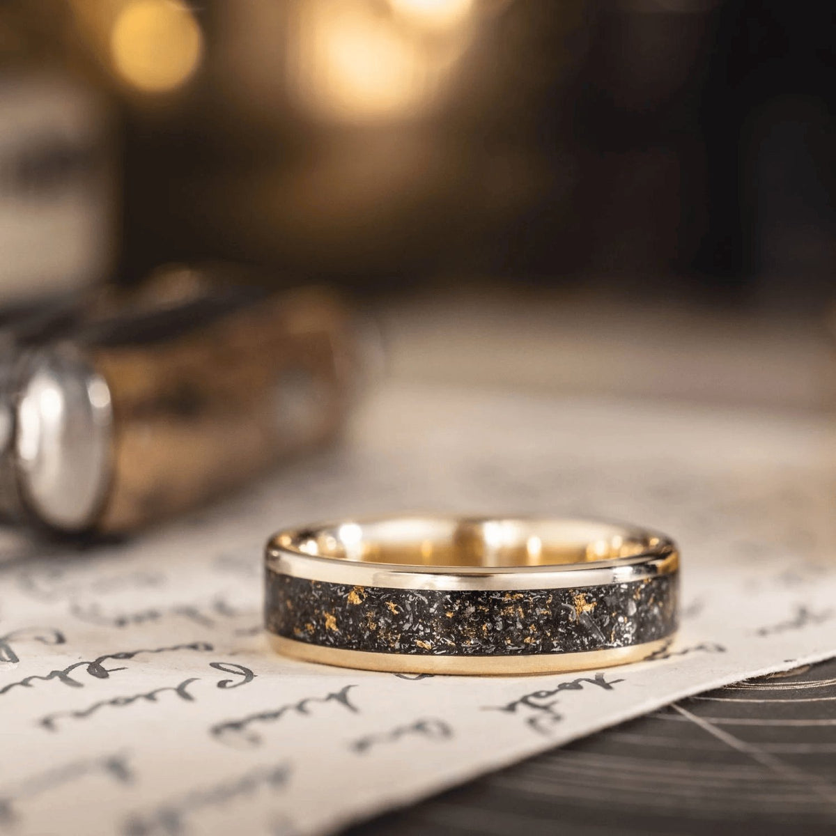 The Stargazer | Men'S Gold Wedding Band with Meteorite & Gold Flakes