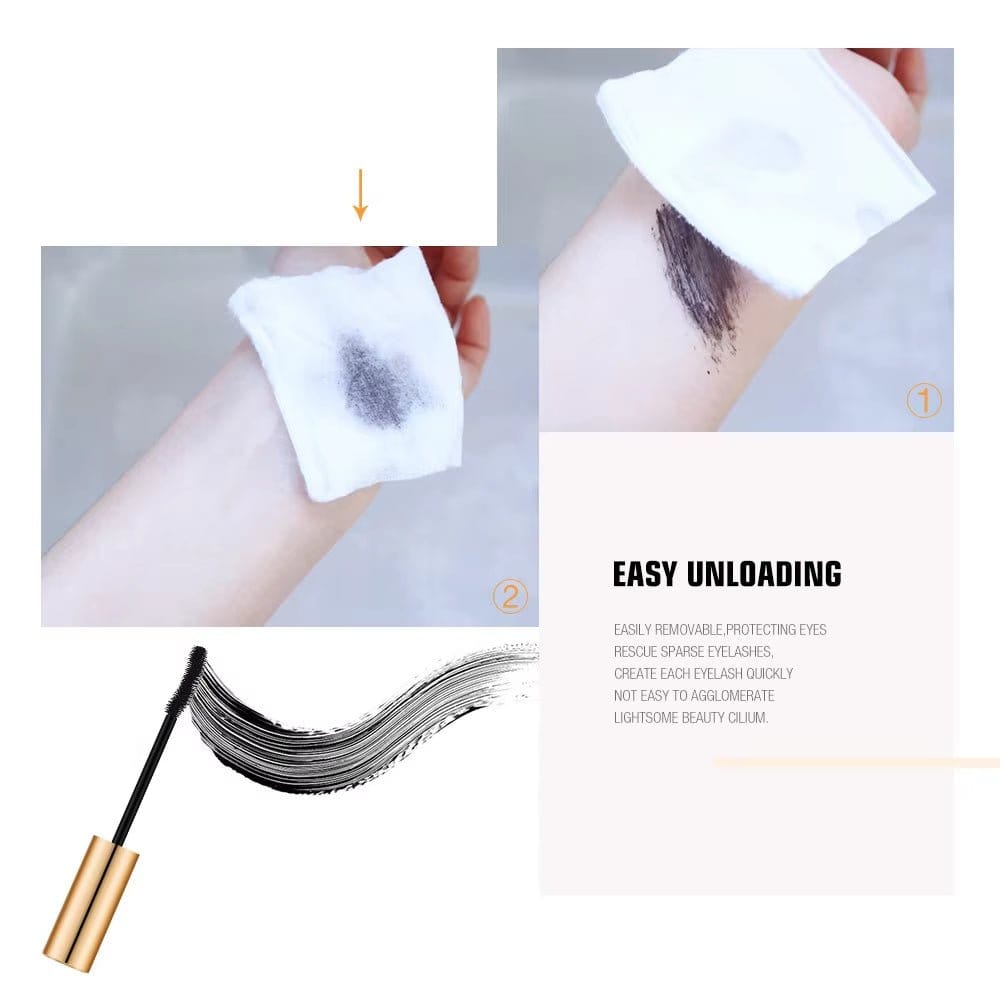 Lengthening waterproof mascara demonstration showing easy removal and application process on a hand with a cotton pad.