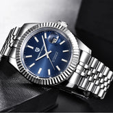automatic waterproof sports watch for men featuring a blue dial and stainless steel band.
