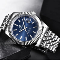 automatic waterproof sports watch for men featuring a blue dial and stainless steel band.