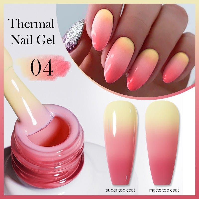Thermal Nail Gel with gradient finish, showing pink color change and nail application method, UV color change nail polish.