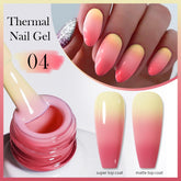 Thermal Nail Gel with gradient finish, showing pink color change and nail application method, UV color change nail polish.
