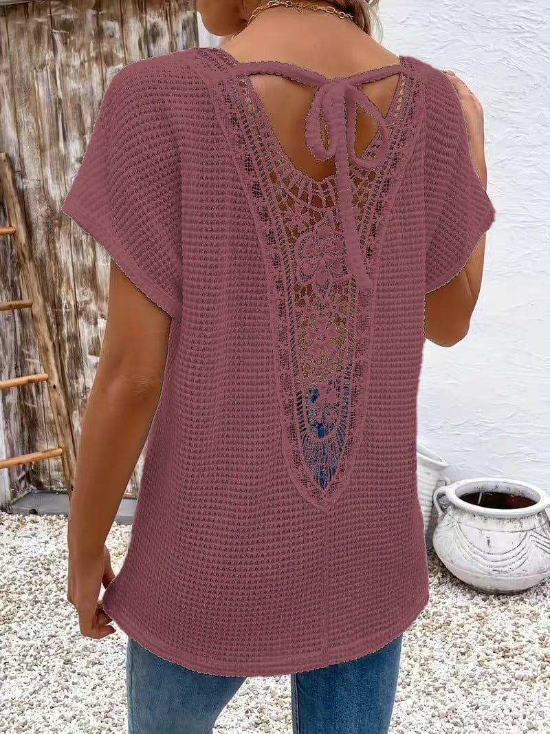 Womens Lace-Panel V-Neck Fashion T-Shirt | Silver Fox Sales